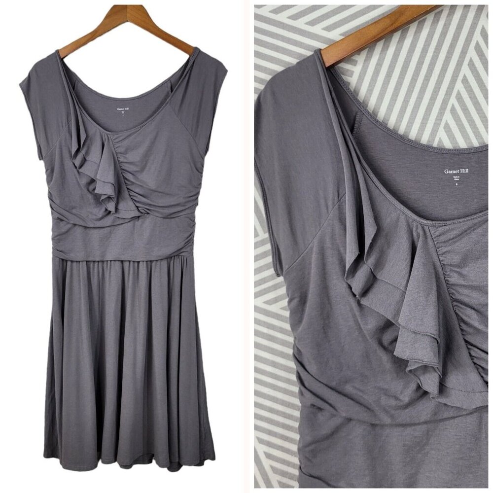Garnet Hill Dress Size Small Ruffle Ruched Front Grey Knee Length Flare Stretchy